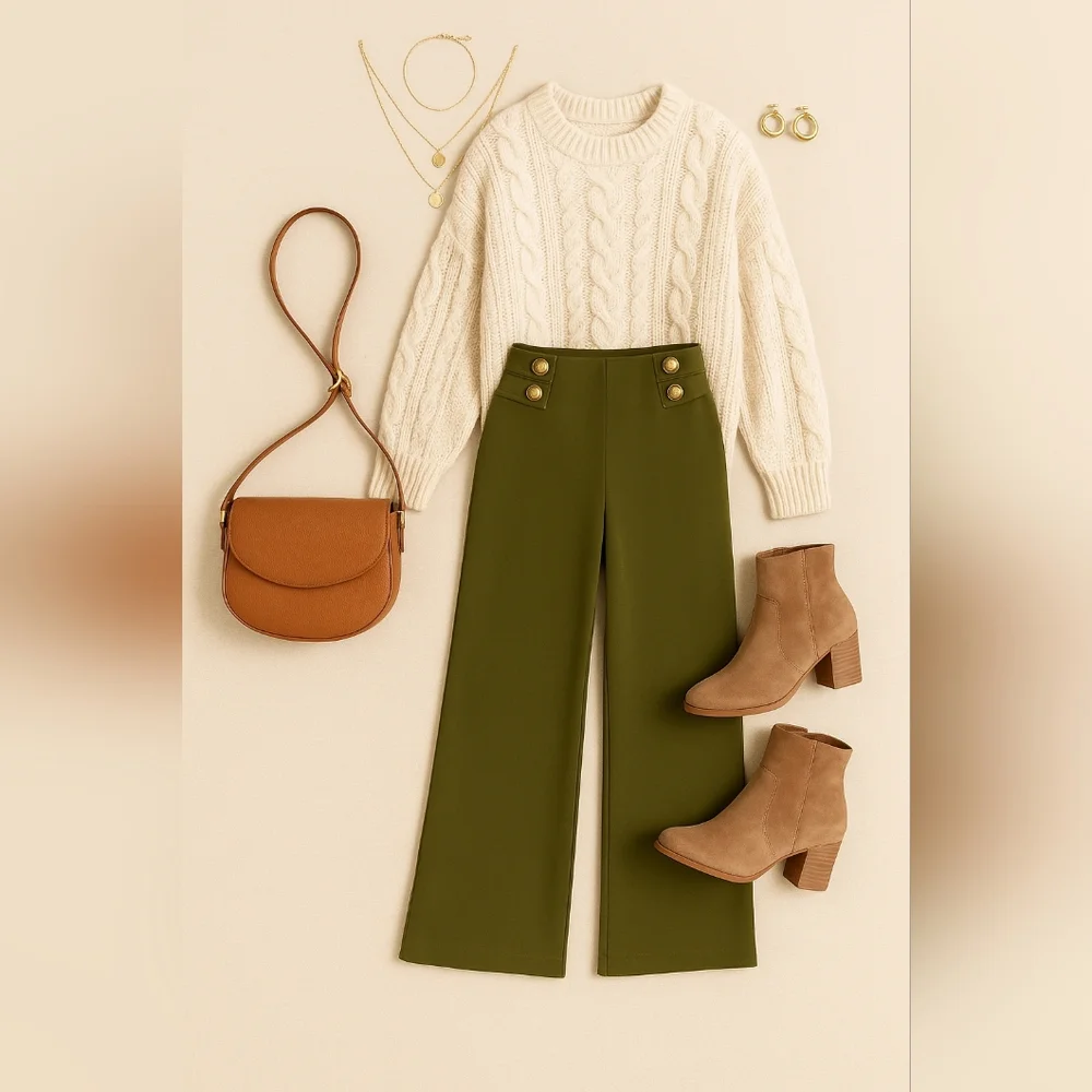 Derek Heart Olive Sailor Button Wide Leg Cropped Pants Women’s Small - Picture 2 of 7